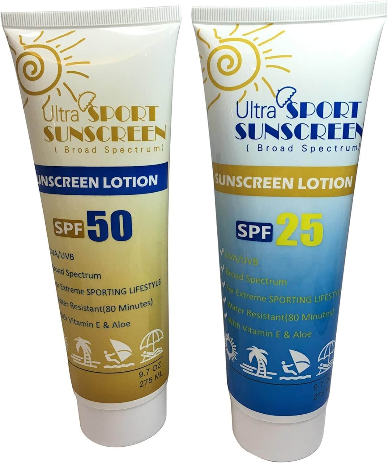 a couple of sunscreens with text on them