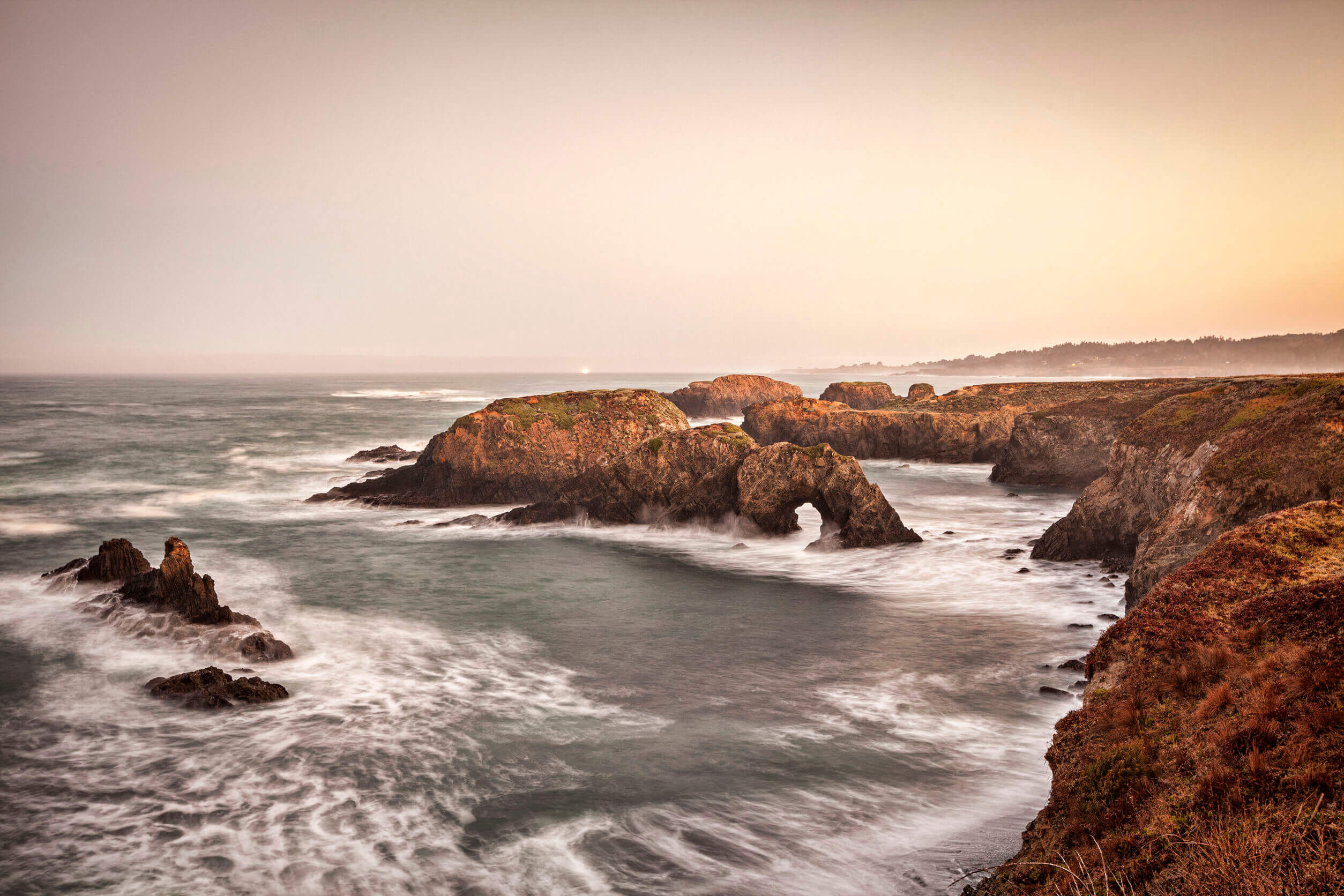 Mendocino Headlands, California at dawn, looking over the ocean.