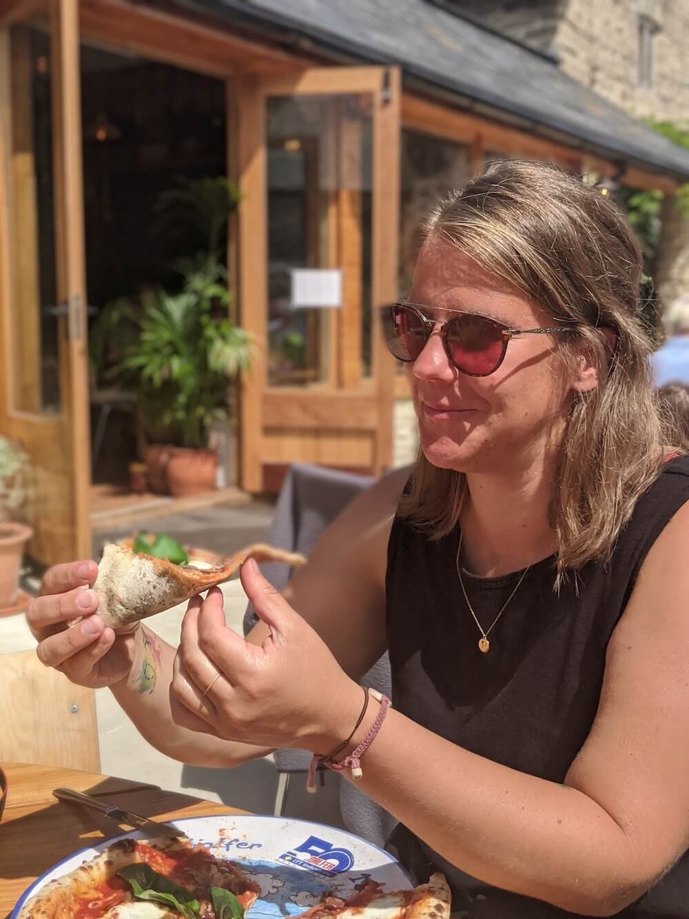 Eating pizza on Bredy Farm