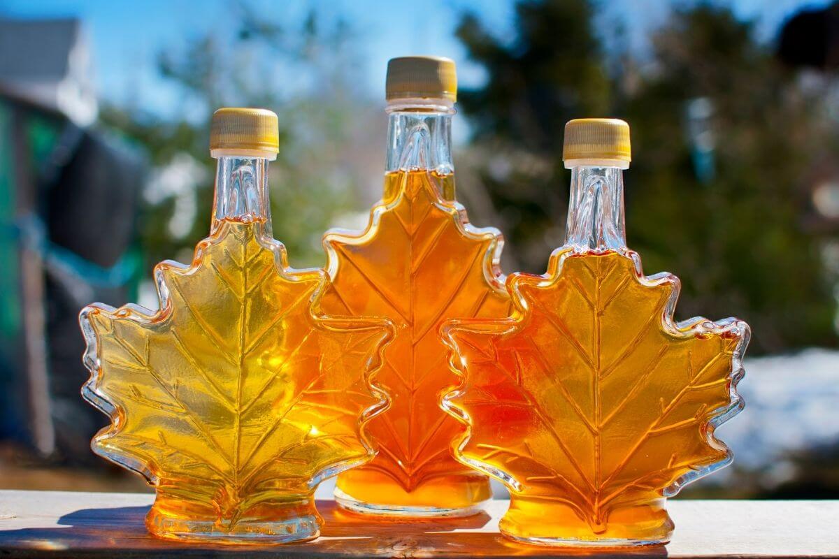 Maple syrup in maple leaf bottles