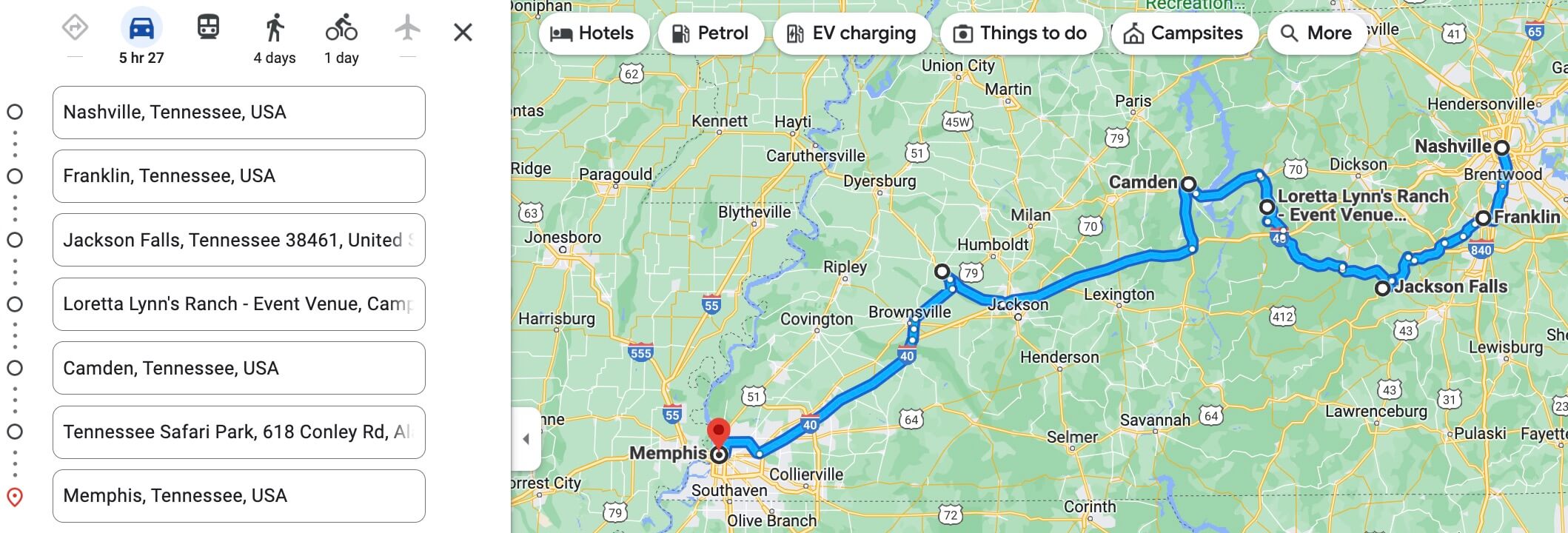 Map of the Nashville to Memphis drive