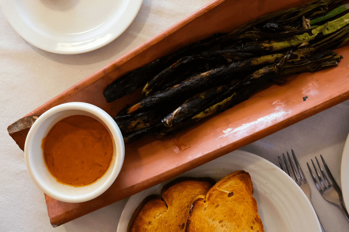 Romesco sauce is typically used for dipping calcots into and is celebrated in Barcelona