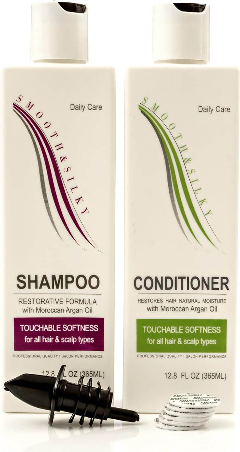 a close-up of a bottle of shampoo and a bottle of conditioner