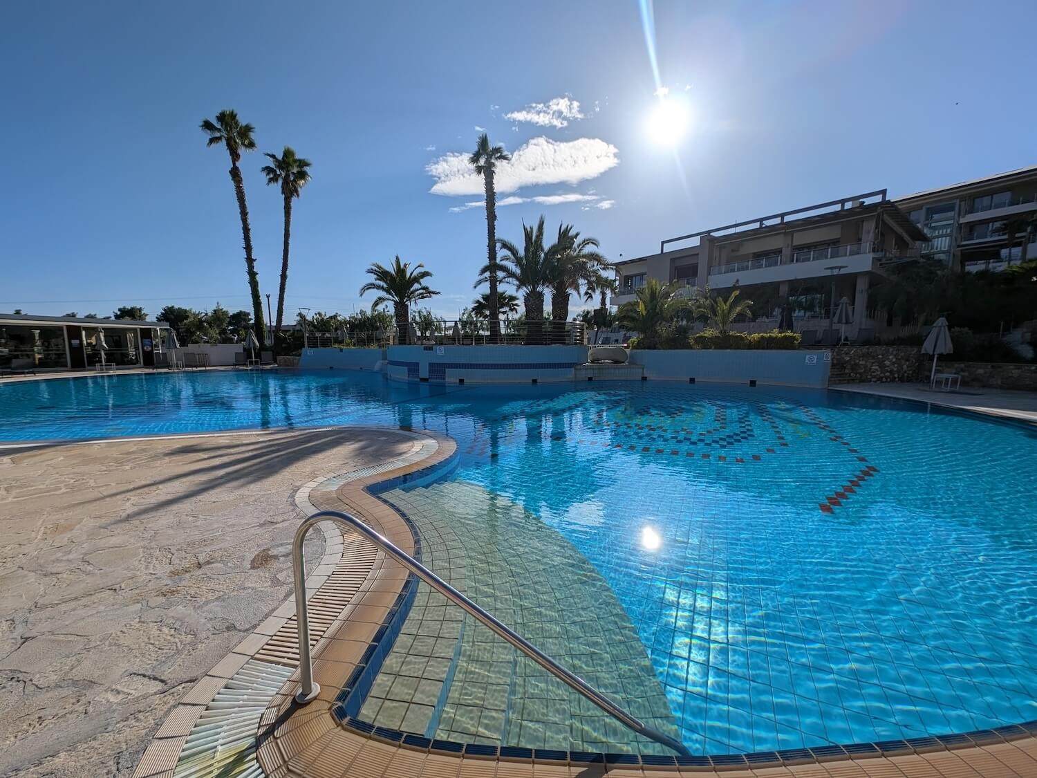 Swimming pool with a palm tree and sun bursting through